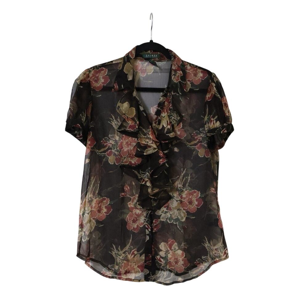 Vintage Lauren Ralph Lauren Brown Floral Sheer Ruffle Button Up Blouse L Boho